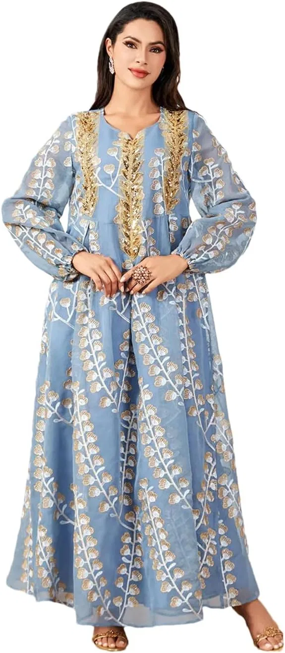 Женское платье-абая с пайетками и вышивкой, Light Blue Dress