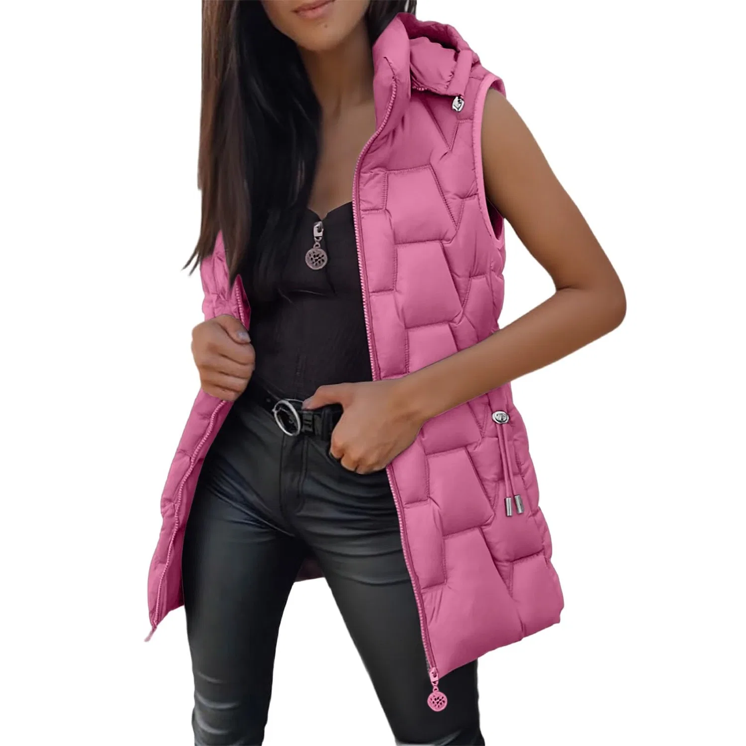 Женский утепленный жилет с капюшоном, pink