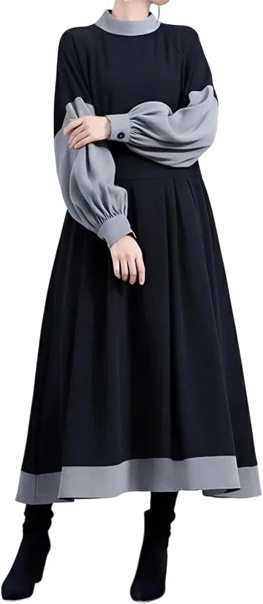 Женское свободное платье с длинным рукавом Patchwork Color, Black