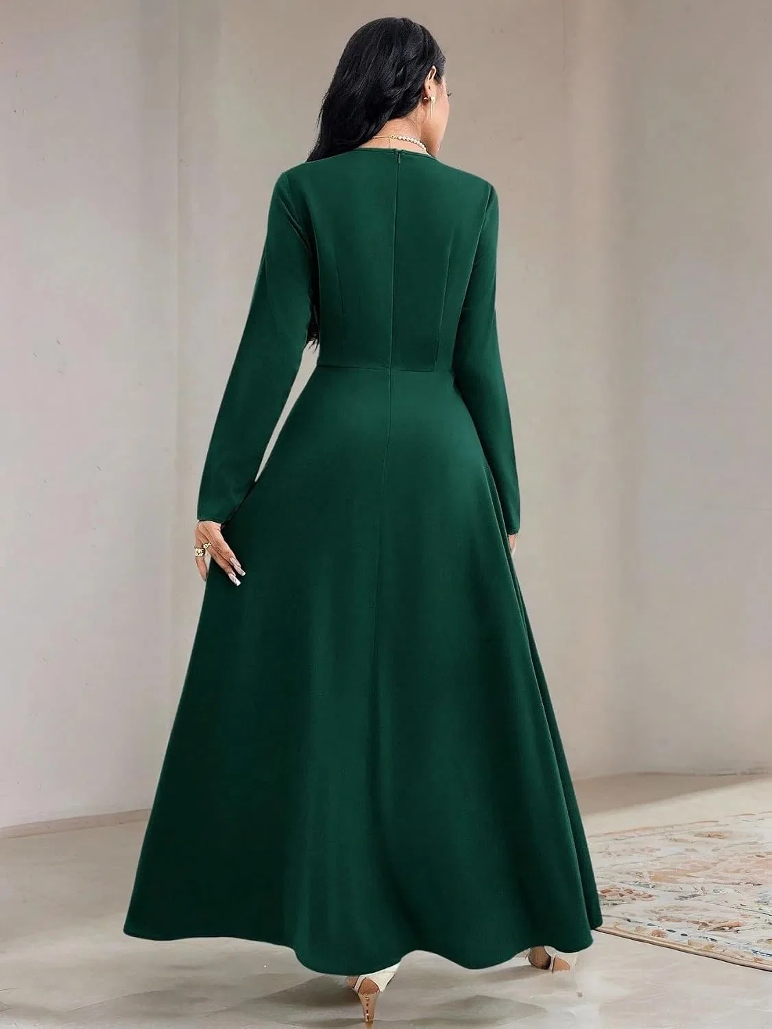 Женское A-силуэта макси платье с длинным рукавом, Dark Green — фото 3