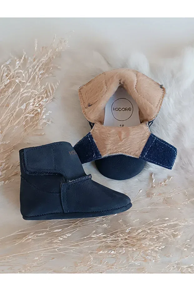 Детские ботиночки для мальчиков из натуральной кожи Lucca navy blue genuine leather baby boots with fur inside Hodore, Navy Blue — фото 4