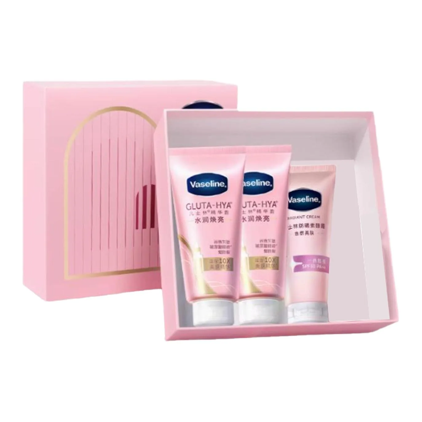 Набор для увлажнения и сияния кожи Vaseline, Three-Piece Set: Pink Bubu Body Lotion 280ml*2+Sunscreen Foundation 150g