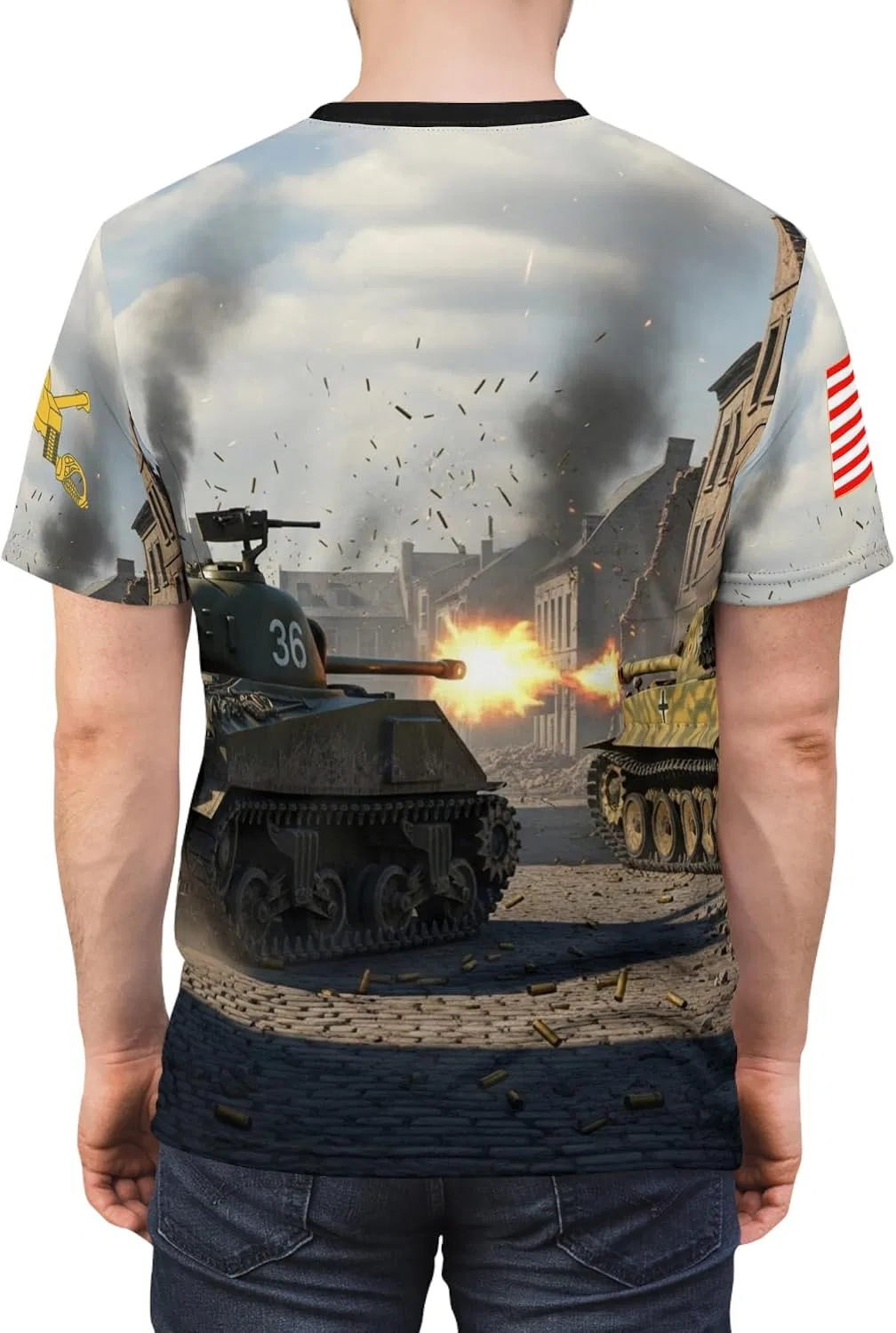 Унисекс футболка с принтом Sherman Tank Battle, Black Stitching — фото 3