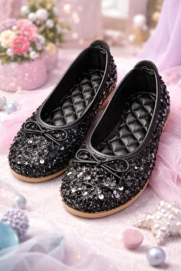 Детские балетки для девочек с бантом Slipcat, Sequined Black