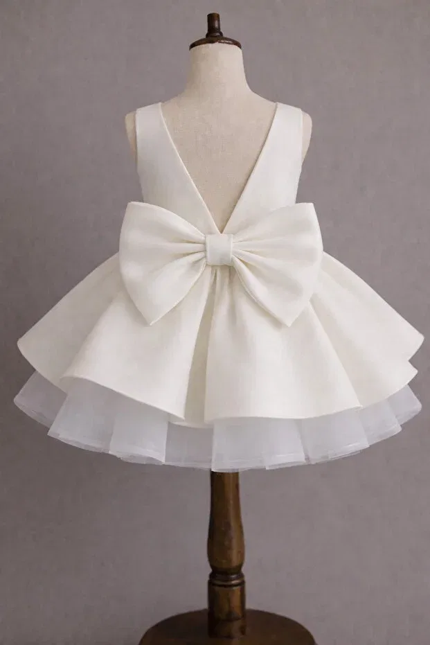 Детское платье для девочек с бантом Special design white color sleeveless bow and tulle detailed girl's evening dress Musgem, White — фото 2