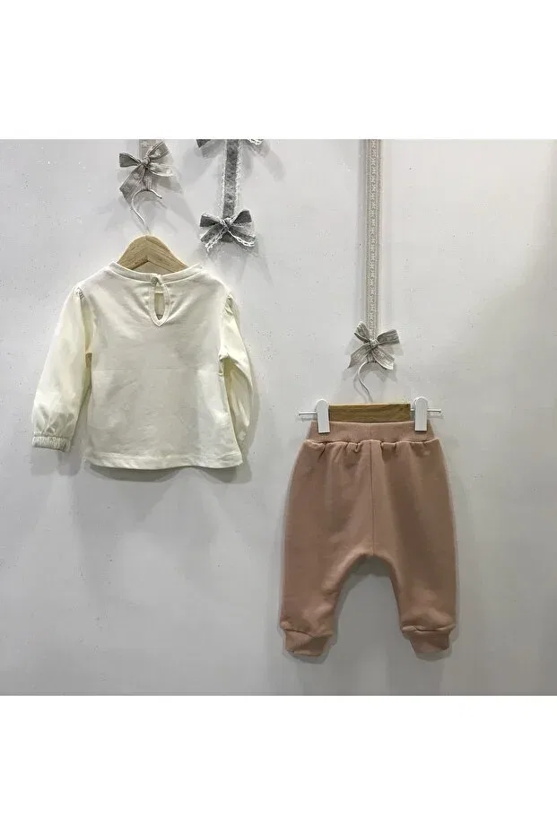 Детский комплект для девочек с принтом Funny Day Tracksuit Set Çikoby, Ecru Vison — фото 2