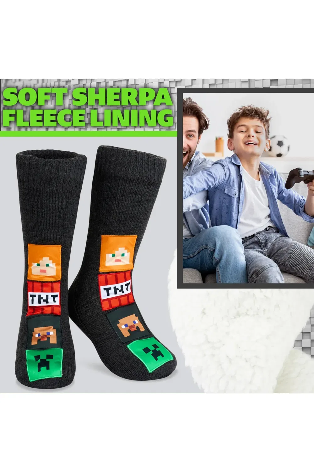 Детские тапочки-носки с нескользящей подошвой из флиса Creeper Minecraft, Black — фото 3