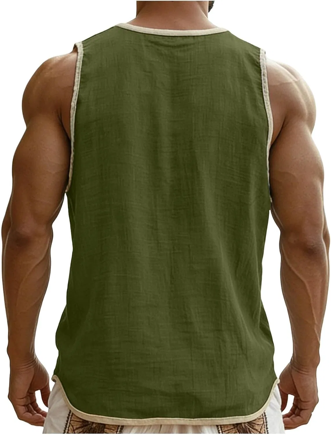 Мужская свободная рубашка из хлопка и льна с коротким рукавом, Army Green — фото 4