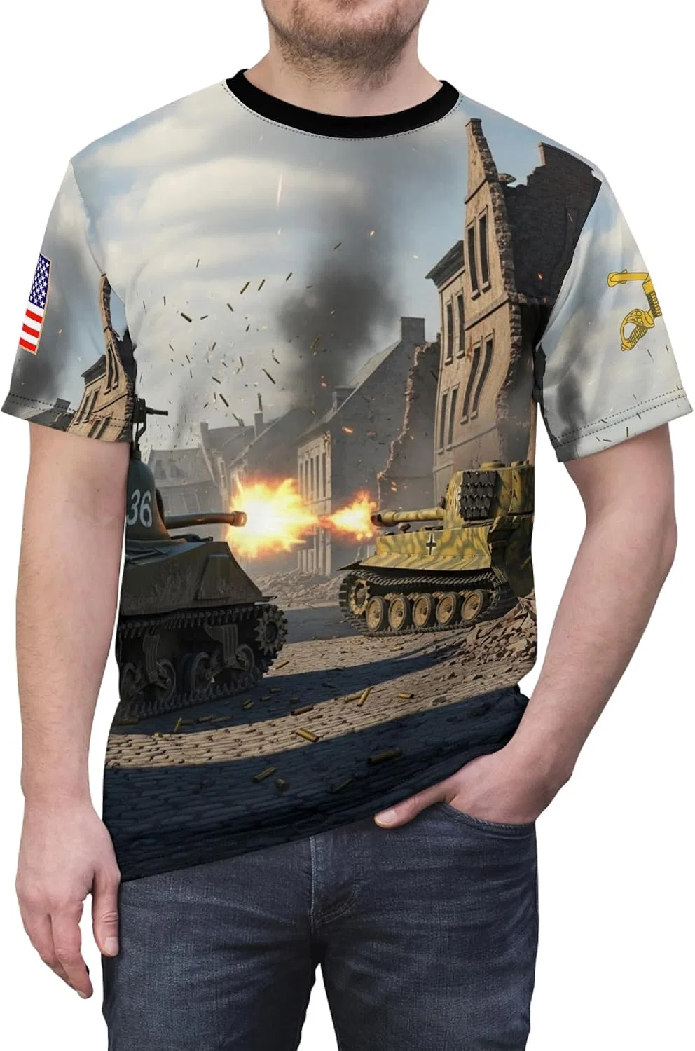 Унисекс футболка с принтом Sherman Tank Battle, Black Stitching — фото 2