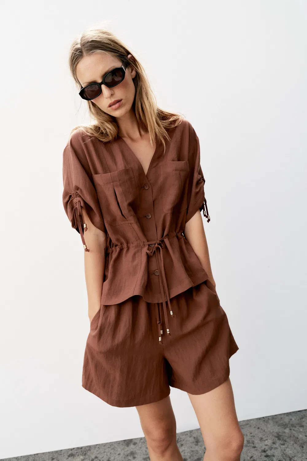 Куртка-сафари с короткими рукавами и бисером ZARA, Dark Russet — фото 2