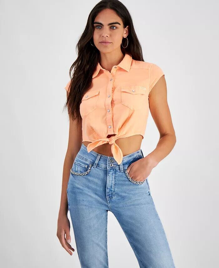 

Женская укороченная хлопковая рубашка на пуговицах спереди GUESS, оранжевый