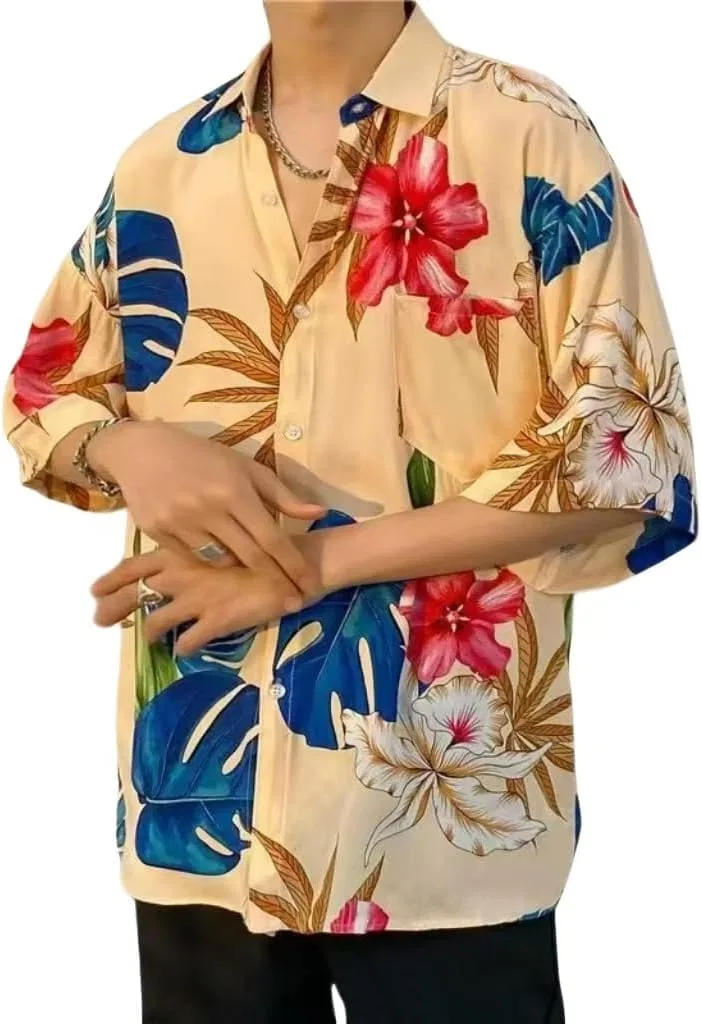 Мужская гавайская рубашка с коротким рукавом, с принтом, Floral Print Beige — фото 2