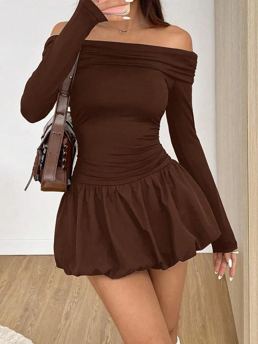 Женское элегантное мини-платье с длинным рукавом Cute, Coffee Brown — фото 2
