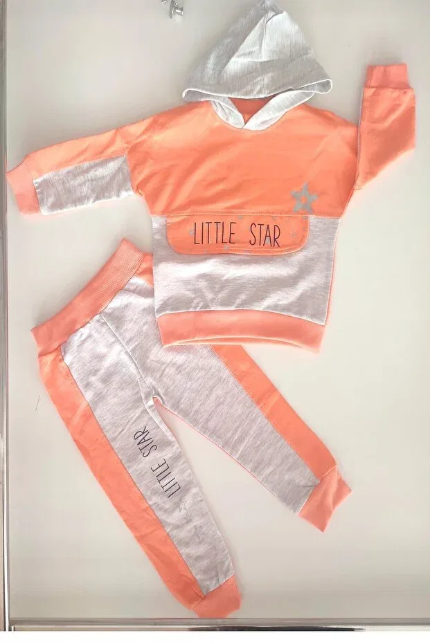 Детский спортивный костюм с принтом Salmon color little star written hooded 2 piece children's tracksuit set Dubi Baby, Salmon — фото 2