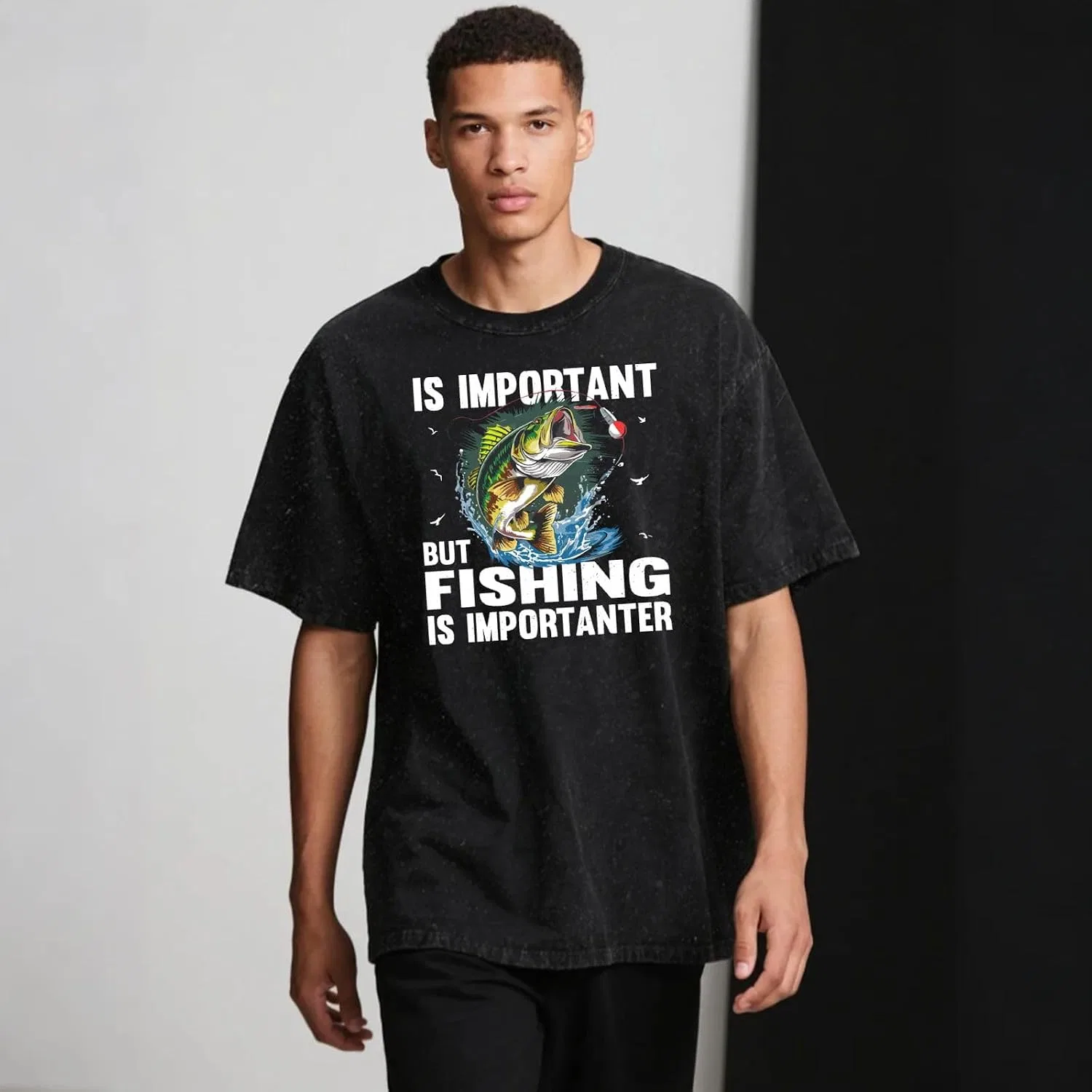 Мужская футболка с графическим принтом Fishing Importanter, Wash Black — фото 4