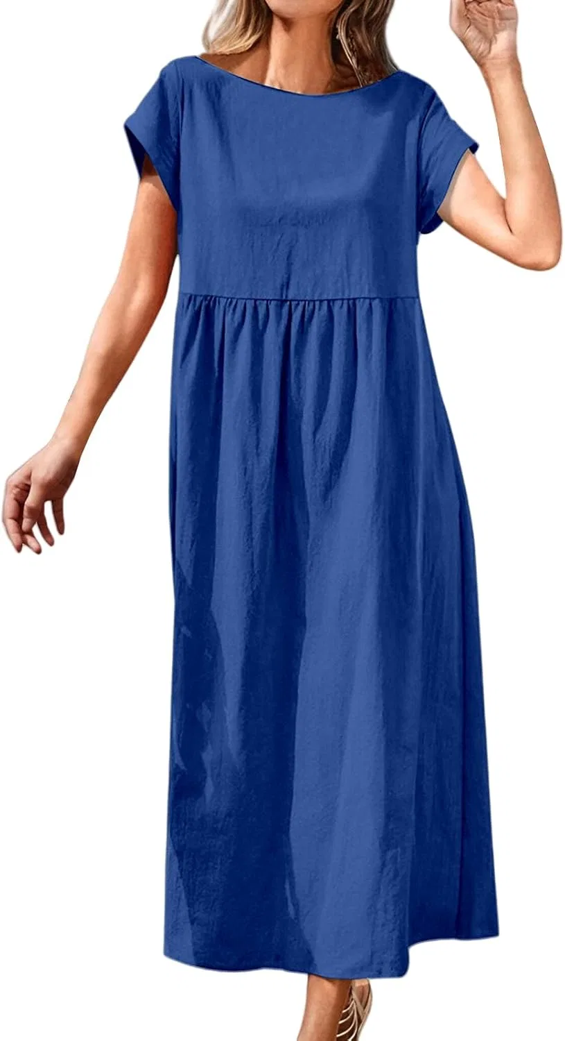 Женское платье макси A-силуэта с коротким рукавом, Blue