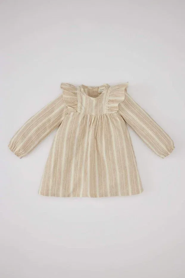 Детское платье для девочек в полоску с длинным рукавом c0769a524sp Defacto, Beige Bg65