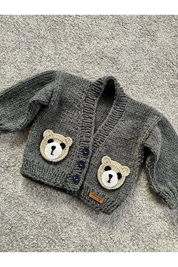 Детский кардиган для мальчиков вязаный Hand knitted cute teddy bear detailed boy's cardigan Nevalin, Dark Gray — фото 2