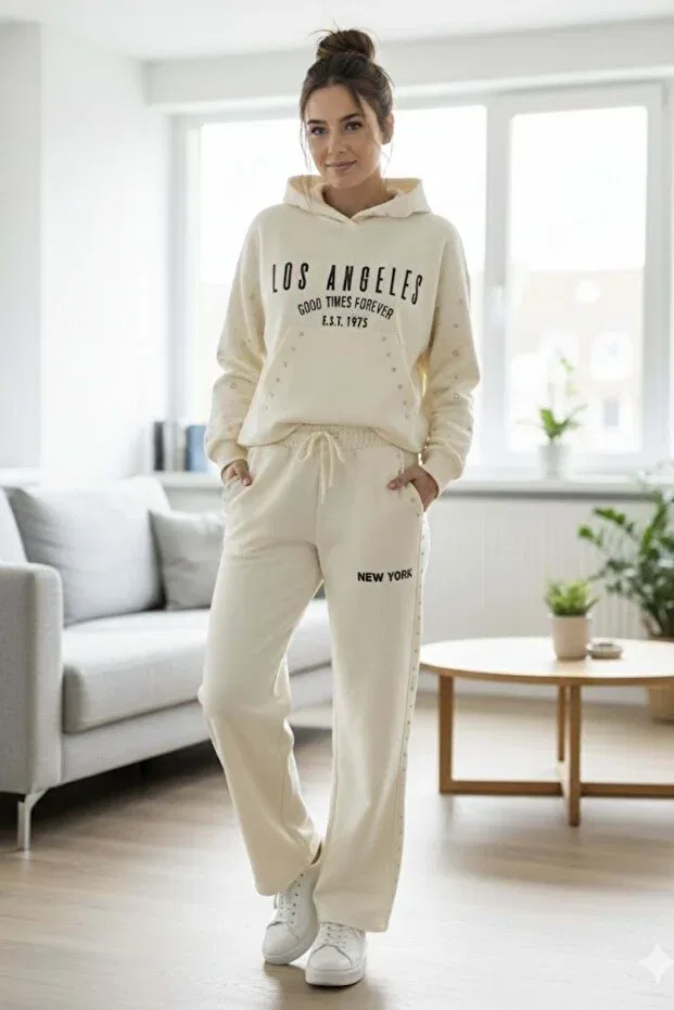 Детский комплект для девочек с принтом Los Angeles Printed Hooded Tracksuit Set Ww Waka Waka Kids Store, Ecru