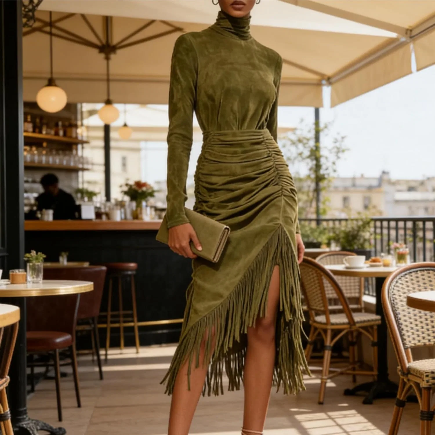 Женское платье миди с бахромой Suede Dress, Olive Green — фото 3