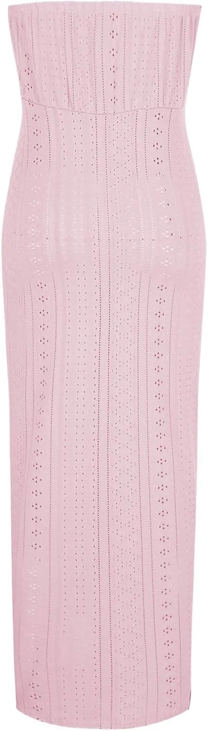 Женское летнее платье-миди без бретелек с разрезом Eyelet, Pink — фото 3