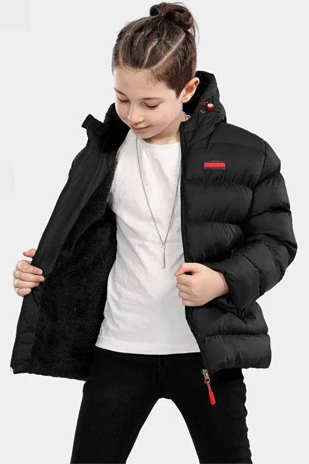 Детское пальто для девочек зимнее утепленное Black Fur Lined Waterproof Winter Thick Hooded Coat Vodens, Black