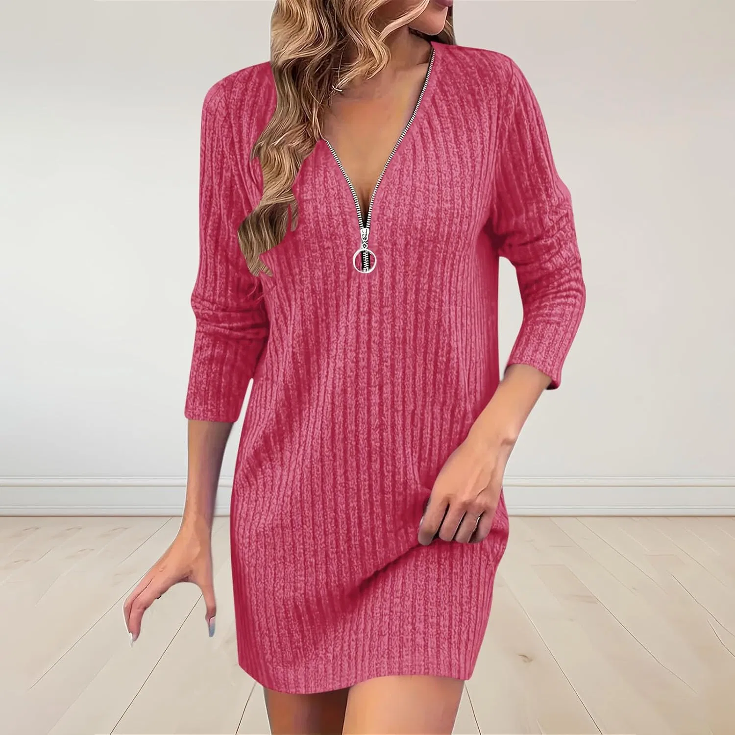 Женское платье-свитер с четверть-застежкой-молнией Ribbed Knit, Hot Pink — фото 2