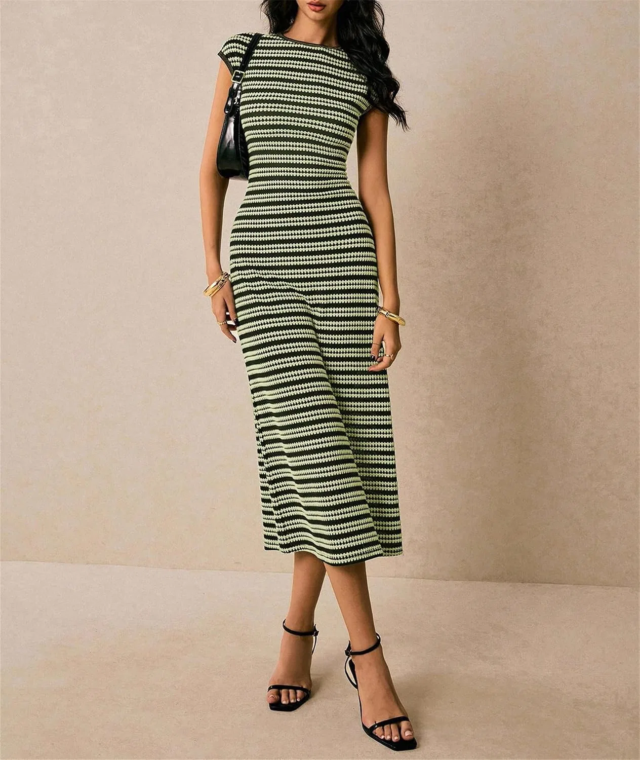 Женское платье-трапеция с принтом, Summer Striped Dress, зелёный — фото 2