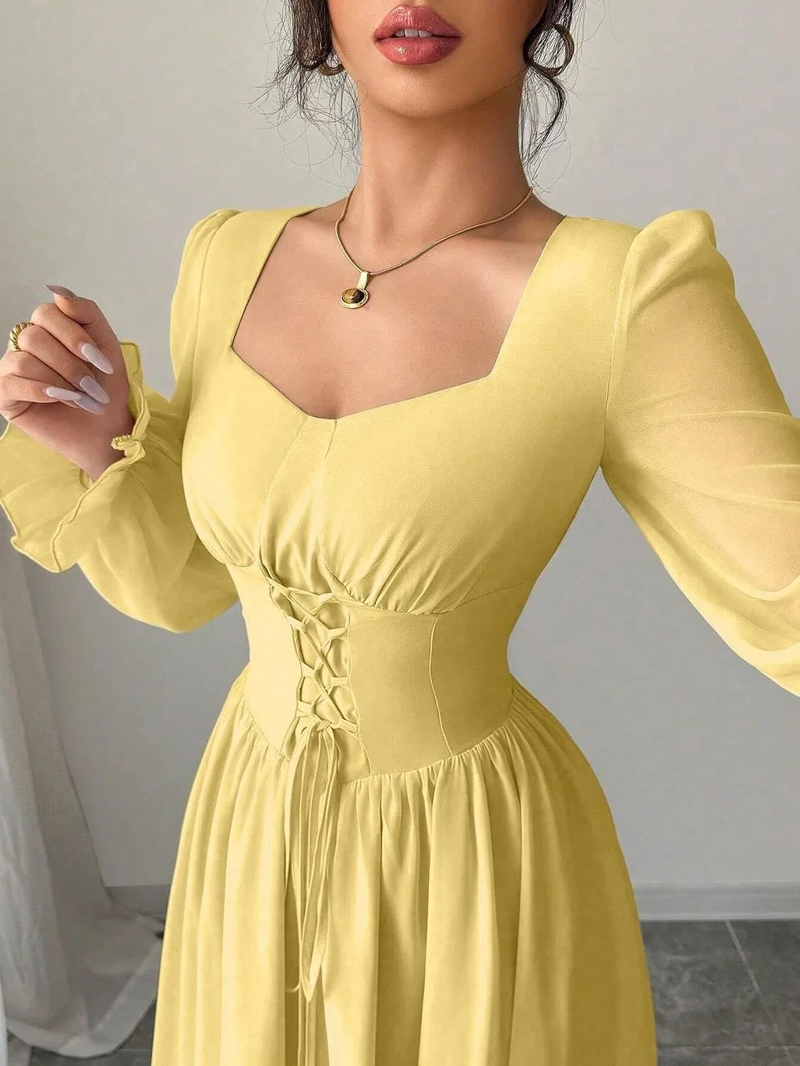 Женское элегантное платье A-силуэта с кружевной шнуровкой, Yellow — фото 3