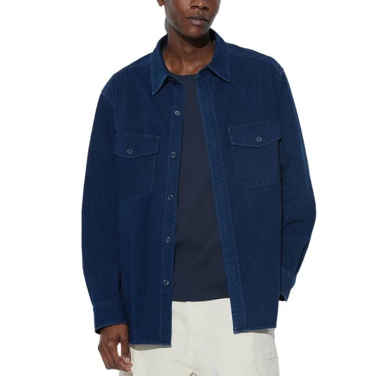 UNIQLO Рубашка унисекс 67 sea blue с заостренным воротником в стиле умеренного рабочего стиля — фото 3