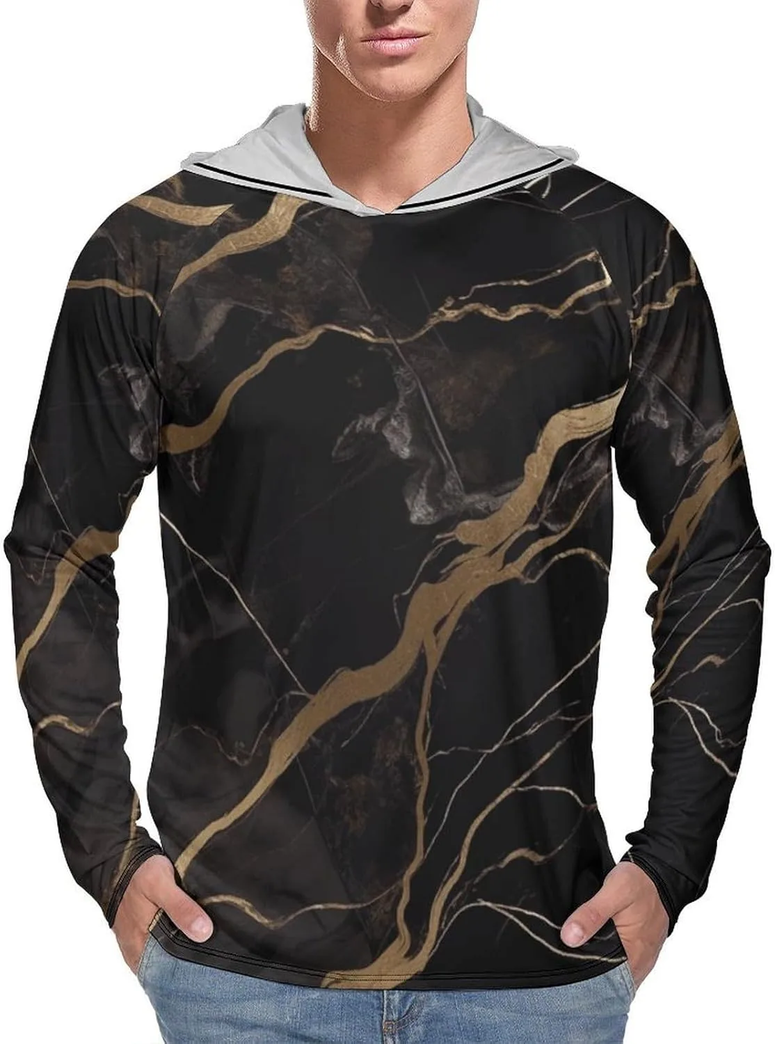 

Мужская толстовка с капюшоном UPF 50+ для защиты от солнца, Black Gold Marble, с длинным рукавом FHESDCW