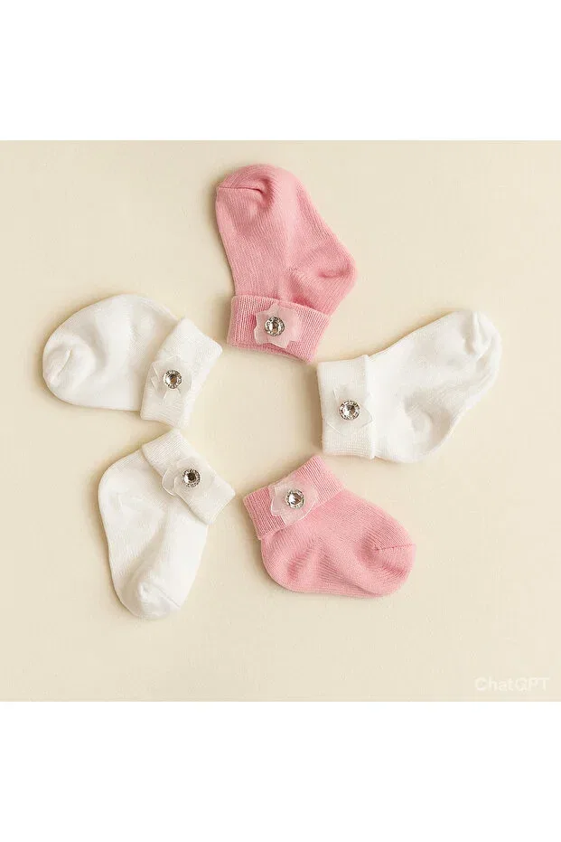 Детские носки для девочек хлопковые 5-Piece white cream pink premium rose diamond baby girl socks 0-6 months Baby Socks, Pink — фото 3