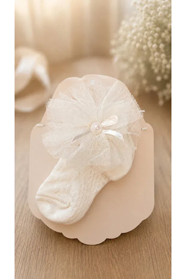 Детский комплект носков и короны для девочек с принтом Princess tulle flower detailed Benbilge, Ecru — фото 3