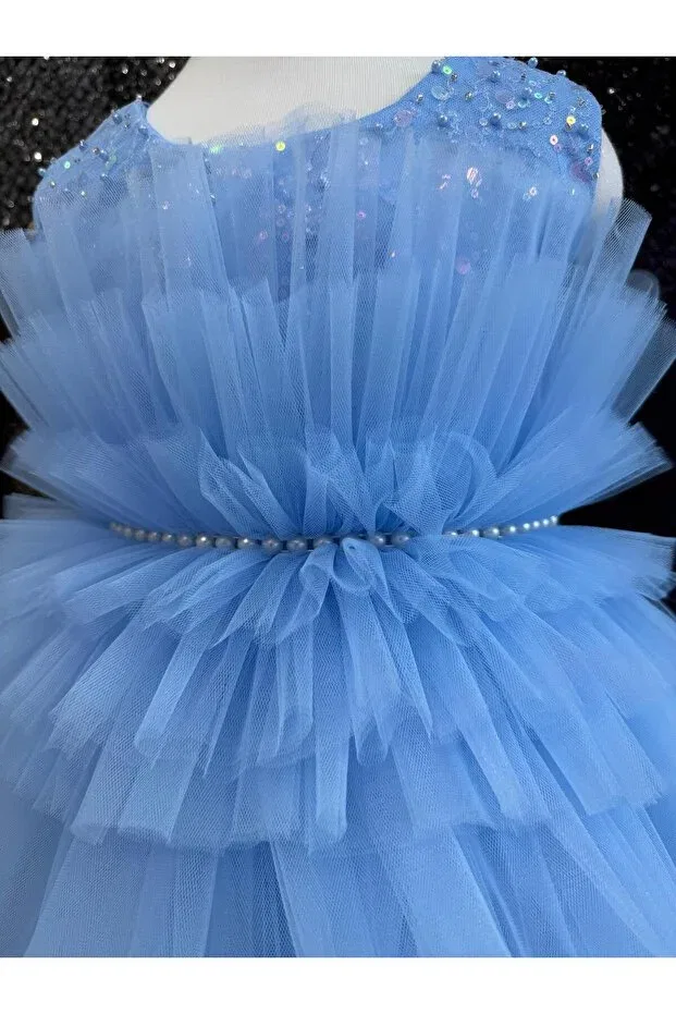 Детское платье для девочек с воланами Pearl Detail Ruffle Floor Puffy Bonita, Baby Blue — фото 2