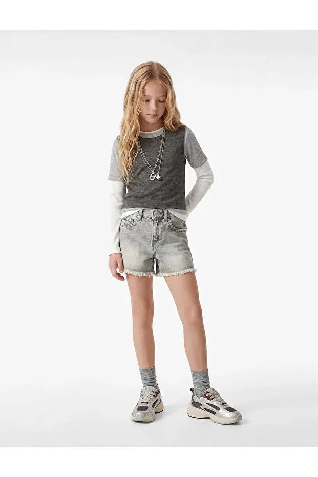 Детские шорты для девочек хлопковые Tasseled cuffed cotton jean gray girls' shorts Koton, Gray