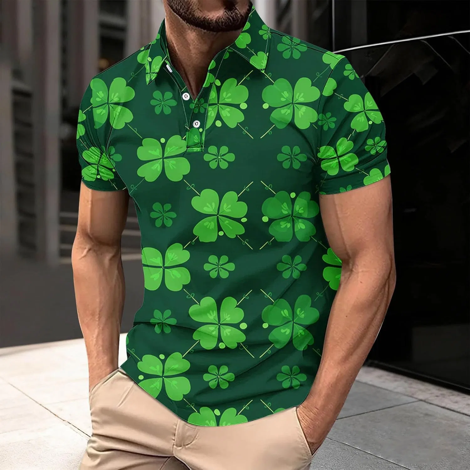 Мужская футболка с принтом клевер Slim Fit, Green — фото 2