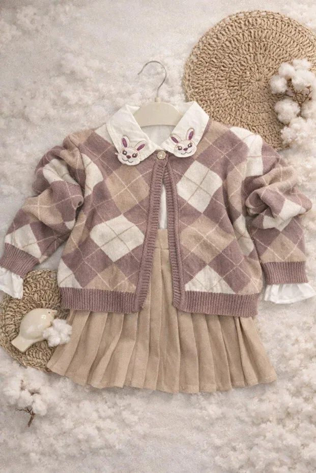 Детский комплект для девочек вязаный с отложным воротником Rabbit collar detail knitwear cardigan and pleated skirts girls' 3-piece set Aslin Store, Purple