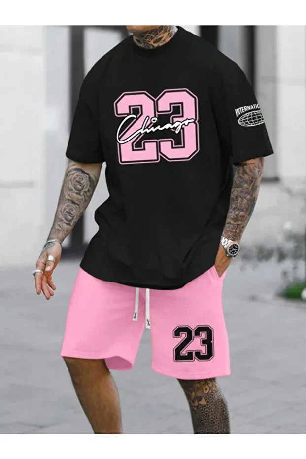 Детский комплект шорт и футболки с принтом Unisex women/men 23chicago custom printed shorts t-shirt set Revasser, Black-Pink