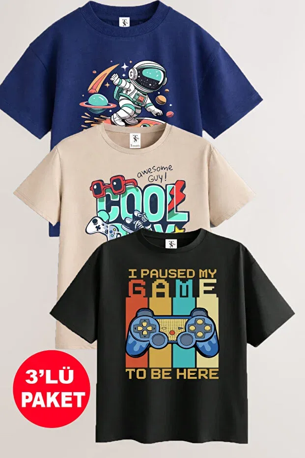 Детский комплект футболок для девочек с принтом Game Console And Astronaut Twins Tailors, Beige