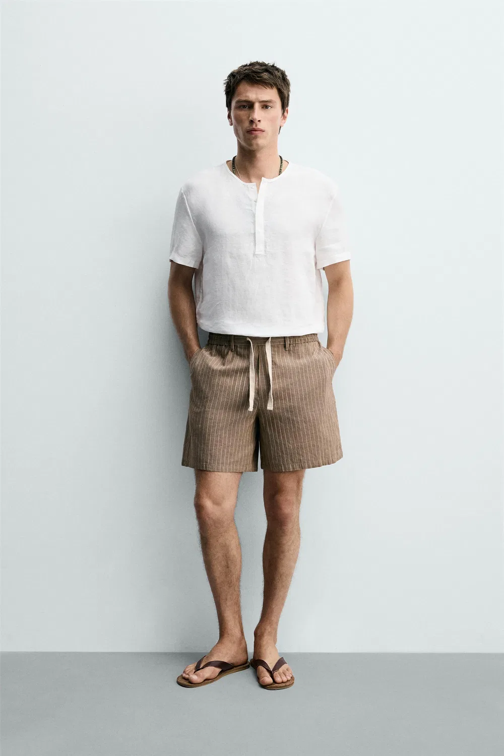 Хлопковые/льняные шорты-бермуды свободного кроя ZARA, Brown/Ecru