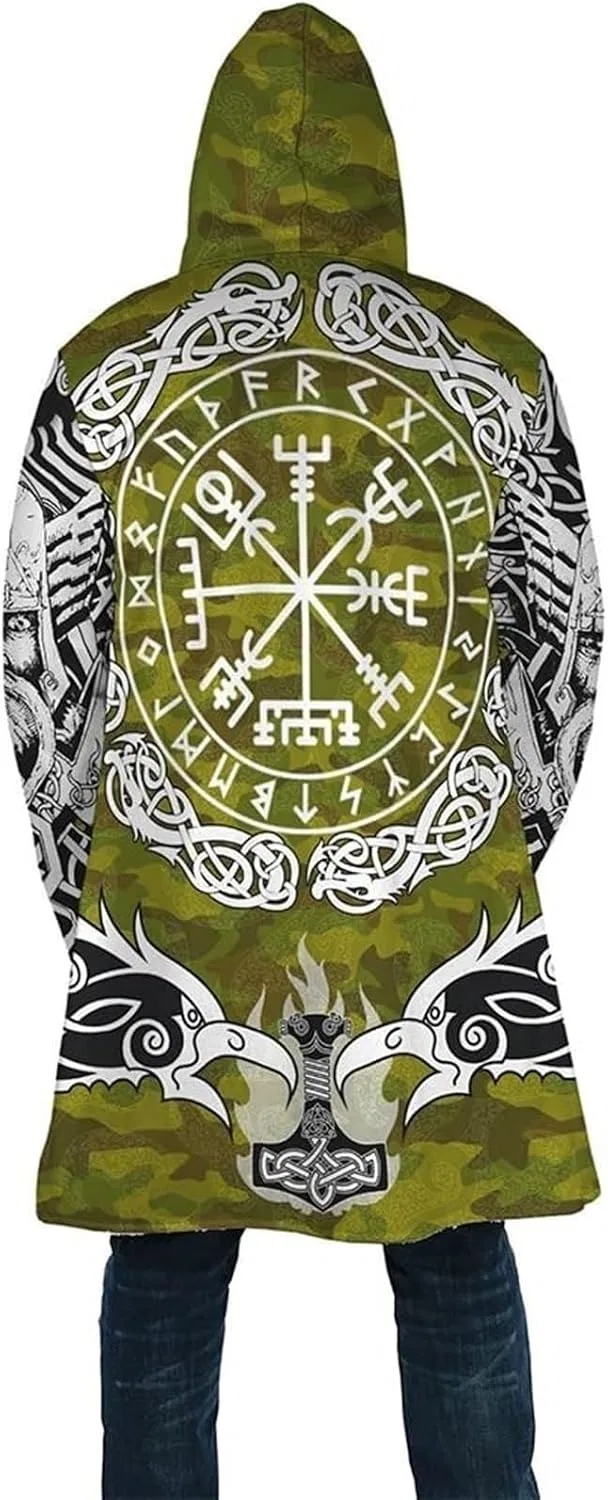 Мужское пальто с принтом Viking Men's Winter Hoode Cloak, 3DPrint Norse Mythology Tattoo Warm Faux Cashmere Coat, Mid-Length Parka Pagan Jacket, Compass — фото 2
