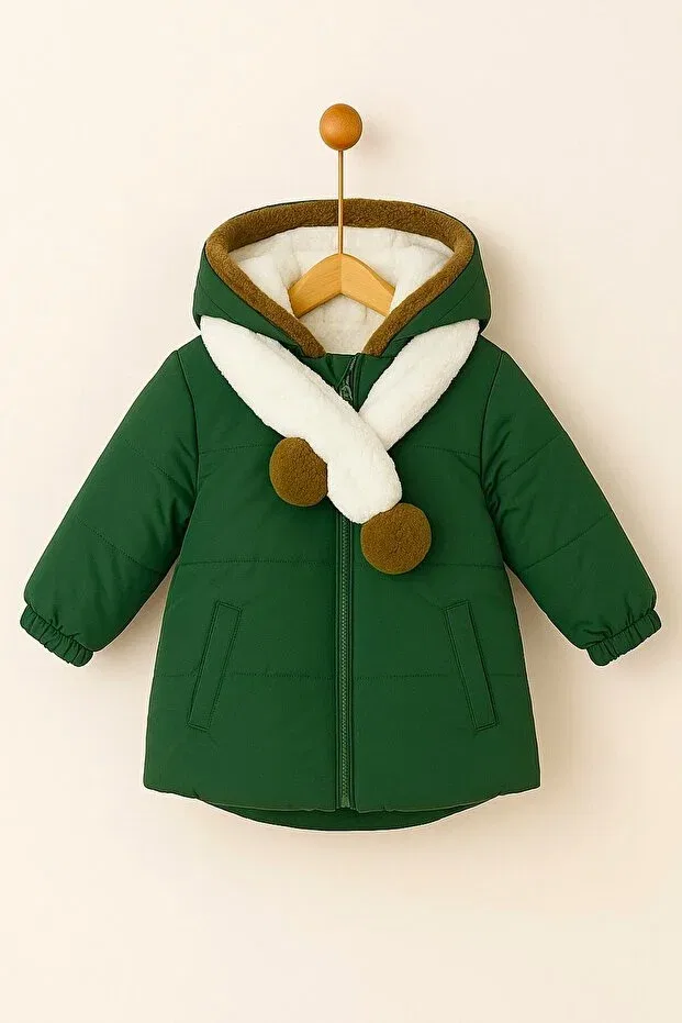 Детское зимнее пальто с мехом внутри, капюшоном и пайетками Dekubaby, Green