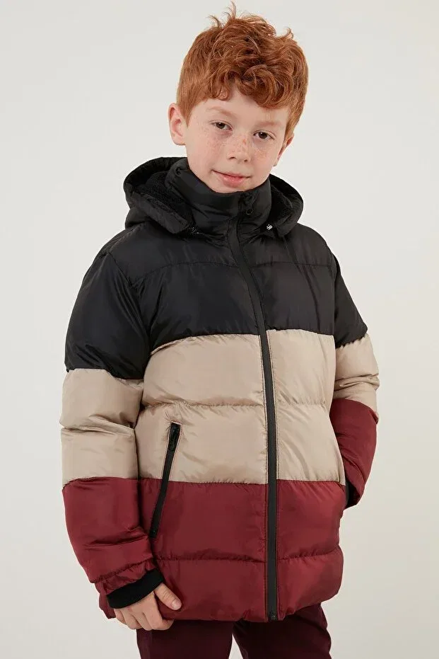 Детское зимнее пальто плюшевое с капюшоном Lela, Black-Stone-Burgundy — фото 3