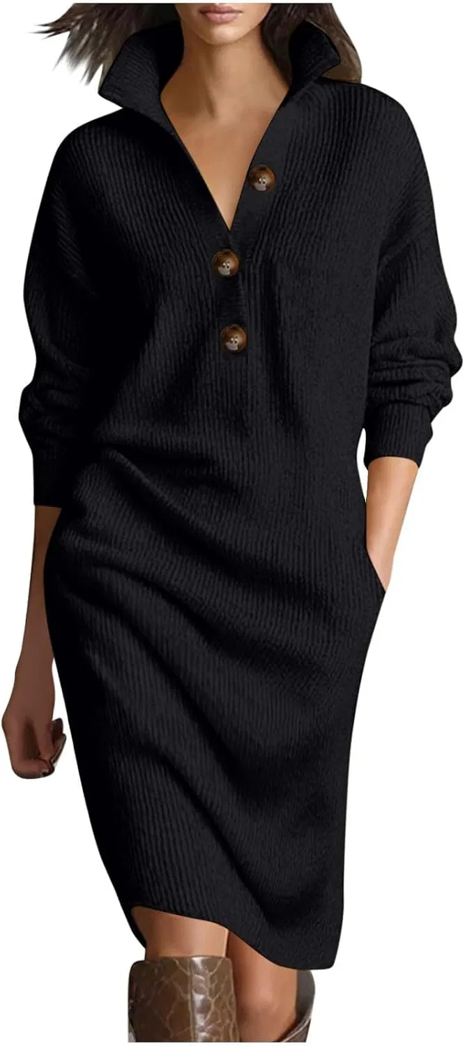 Женское вязаное платье-свитер с пуговицами Oversized, Black