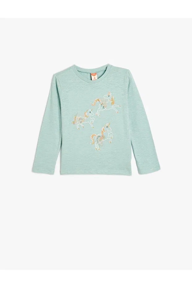 Детская хлопковое футболка с длинным рукавом Unicorn Embroidered Koton, Blue