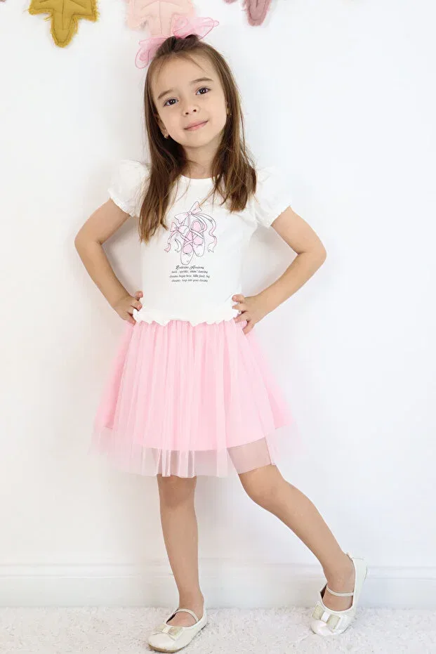 Детское платье для девочек с принтом Ballerina Shoes Printed Waist Part Ruffle Detailed Elastic Sleeves Breeze, Ecru
