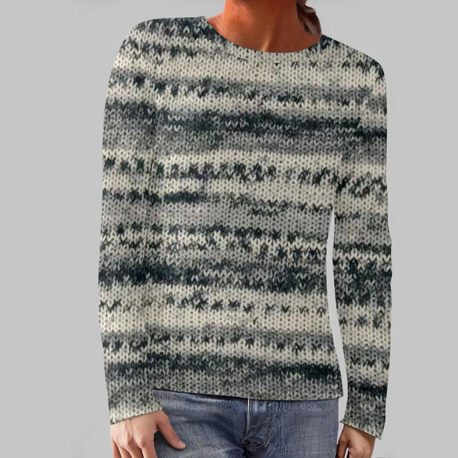 Женский свитшот с принтом Mountain Women's Warm Elegant Mountain Printed Crew Neck Comfortable Long Sleeve Knitted Sweatshirt Casual Winter Crew Neck Sweater, T-green — фото 3