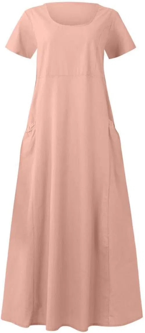 Женское макси-платье богемное с коротким рукавом Cotton Linen, Pink — фото 4