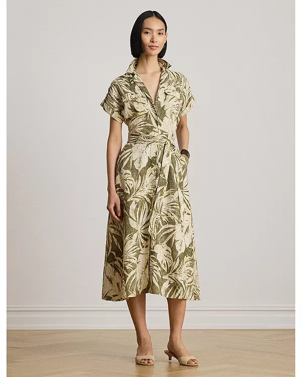 Женское платье-рубашка с принтом Palm Frond Print Linen Camp Shirtdress Ralph Lauren, Farm Olive — фото 2