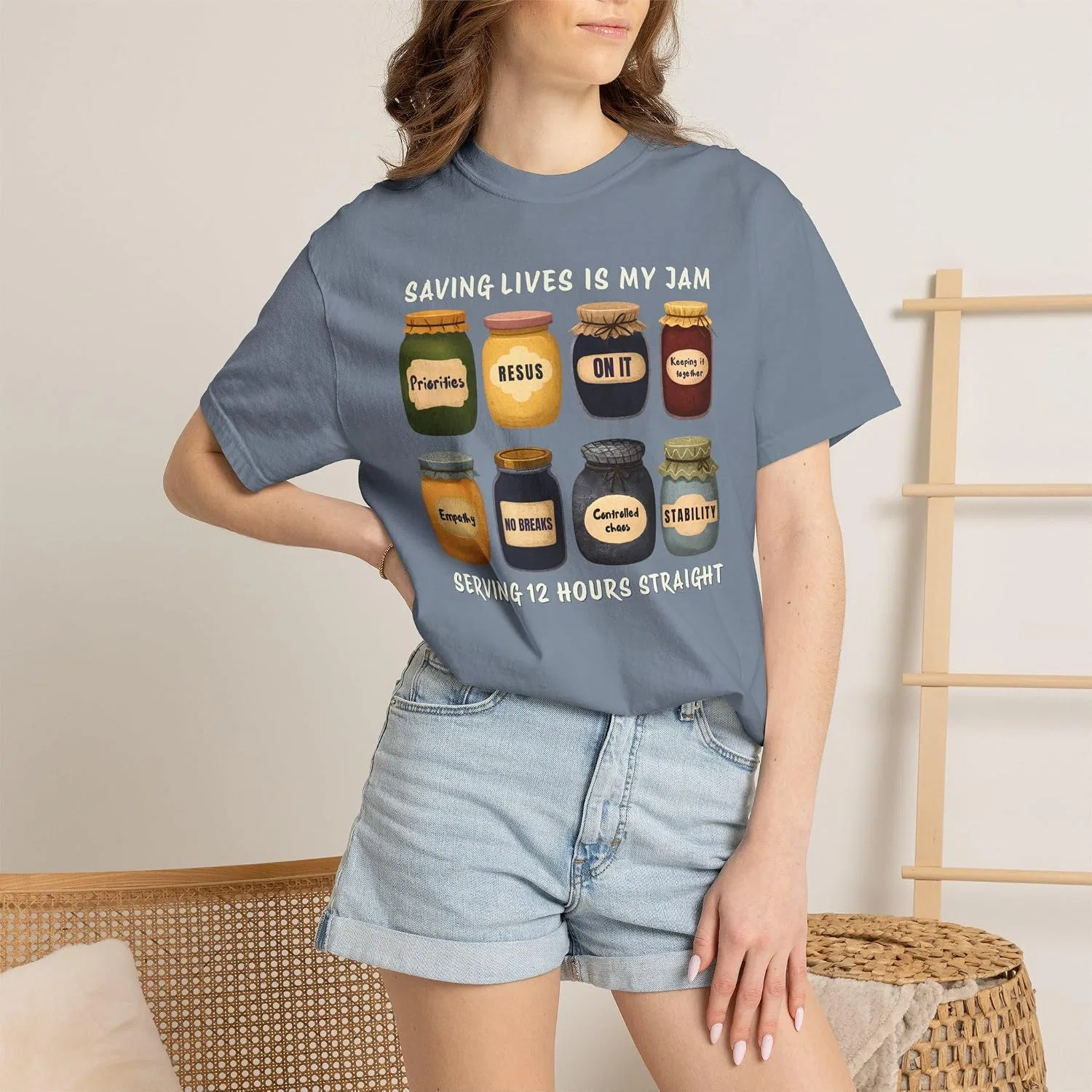Женская футболка с принтом Saving Lives Jam Nurse Shirt, Blue Jean — фото 2